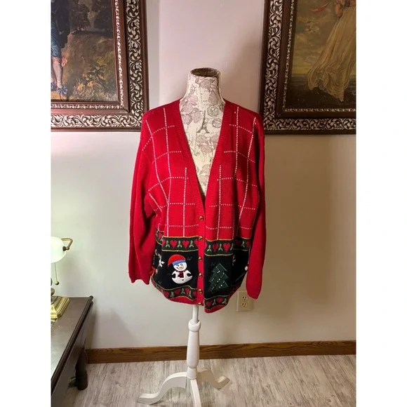 Vintage Cottagecore Red Christmas Snowman Tree Sweater Women 14/16 Cardigan - Picture 5 of 13